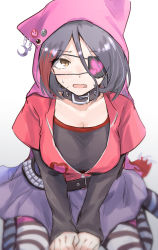 Rule 34 | 1girl, alternate breast size, animal hood, belt, black shirt, blush stickers, breasts, cleavage, collarbone, embarrassed, eyepatch, fang, hair between eyes, hayasaka mirei, heart, highres, hood, hood up, idolmaster, idolmaster cinderella girls, jacket, large breasts, leather choker, looking at viewer, multicolored hair, own hands together, partially unzipped, red hair, red jacket, shirt, short hair, simple background, sitting, solo, striped clothes, striped thighhighs, studded belt, sweat, thighhighs, unu (unucence), wariza, white background