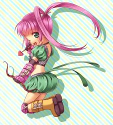 Rule 34 | 1girl, ;d, boots, bow (weapon), bubble skirt, chelsea torn, choker, crop top, full body, gloves, green eyes, green skirt, hair ornament, hairpin, jumping, knee boots, long hair, midriff, one eye closed, open mouth, pink hair, ponytail, sensaki chihiro, shorts, skirt, smile, solo, tales of (series), tales of destiny, twintails, weapon, wink