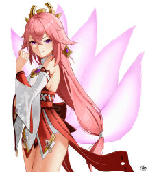 Rule 34 | 1girl, :d, animal ears, bare back, breasts, commentary request, detached sleeves, earrings, fox ears, fox girl, fox tail, from side, genshin impact, hair between eyes, hair ornament, highres, japanese clothes, jewelry, large breasts, long hair, long sleeves, looking at viewer, looking to the side, medium breasts, multiple tails, nontraditional miko, open mouth, parted lips, pink hair, purple eyes, ribbon-trimmed sleeves, ribbon trim, sideboob, sidelocks, simple background, smile, solo, tail, vision (genshin impact), white background, wide sleeves, xsan vanny, yae miko