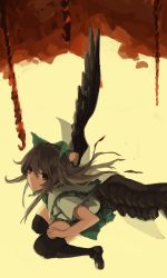 Rule 34 | 1girl, absurdres, bad id, bad pixiv id, black hair, black thighhighs, black wings, bow, brown footwear, cape, chain, collar, expressionless, feathered wings, flying, frilled collar, frilled shirt collar, frills, green skirt, hair bow, highres, hook, looking at viewer, red eyes, reiuji utsuho, shirt, shoes, short sleeves, skirt, solo, thighhighs, thighs, touhou, unitsu, white shirt, wings