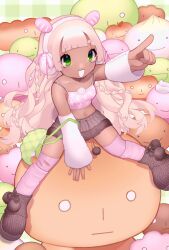 Rule 34 | 1girl, artist name, bag, bag charm, blonde hair, boots, breasts, brown skirt, charm (object), crop top, dark-skinned female, dark skin, green eyes, handbag, headphones, highres, long hair, midriff, navel, original, pink socks, pink tank top, pointing, pom pom (clothes), rinihimme, sitting, skirt, socks, solo, star (symbol), star print, stuffed toy, tank top, thighhighs, very long hair, white arm warmers, zettai ryouiki