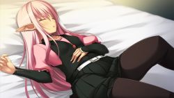 Rule 34 | 1girl, bed, belt, benimura karu, blush, breasts, bunny black, bunny black 3, earrings, elf, closed eyes, flat chest, game cg, jewelry, legs, long hair, lying, open mouth, pantyhose, pillow, pink hair, pointy ears, skirt, sleeping, solo, thighs