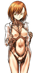 Rule 34 | 1girl, absurdres, android, blouse, cowboy shot, dated, green eyes, hair ornament, hairclip, half-closed eyes, highres, jacket, joints, kotoba noriaki, looking at viewer, mechanical parts, navel, open clothes, open jacket, orange hair, original, robot joints, shirt, smirk, solo, white background, white shirt