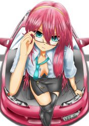 Rule 34 | 00s, 1girl, adjusting eyewear, aqua eyes, bad id, bad perspective, bad pixiv id, breasts, car, cleavage, downblouse, glasses, highres, long hair, looking at viewer, looking over eyewear, medium breasts, megurine luka, motor vehicle, nail polish, nissan, nissan s15 silvia, nissan silvia, nissan silvia s15, no bra, on vehicle, open clothes, open shirt, shirt, sitting, solo, sweeter (h110111), thighhighs, unbuttoned, vehicle, vocaloid