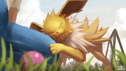 Rule 34 | closed mouth, cloud, commentary request, creatures (company), day, closed eyes, from below, game freak, gen 1 pokemon, grass, highres, jolteon, nintendo, outdoors, pokemon, pokemon (creature), sky, spareribs, swing set, watermark