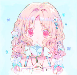 Rule 34 | 1girl, blonde hair, blue butterfly, blue flower, blue rose, braid, bug, butterfly, diabolik lovers, flower, hano luno, heart, holding, holding flower, insect, komori yui, blue background, looking at viewer, off-shoulder shirt, off shoulder, pink eyes, pink shirt, rose, shirt, short hair, solo, twin braids