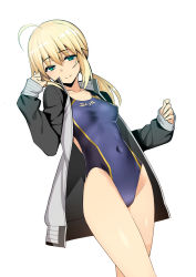 Rule 34 | 1girl, ahoge, artoria pendragon (all), artoria pendragon (fate), black footwear, blonde hair, blue one-piece swimsuit, breasts, collarbone, covered navel, fate/grand order, fate (series), green eyes, grey jacket, highleg, highleg swimsuit, highres, jacket, long hair, long sleeves, looking at viewer, low ponytail, namonashi, official alternate costume, one-piece swimsuit, open clothes, open jacket, saber (fate), saber (summer battle clothes) (fate), sidelocks, simple background, small breasts, swimsuit, thighs, white background