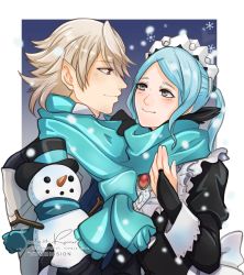 Rule 34 | 1boy, 1girl, armor, black dress, black gloves, blue hair, blue scarf, blush, border, bridal gauntlets, brooch, closed mouth, commentary, commission, corrin (fire emblem), corrin (male) (fire emblem), corrin (male) (fire emblem), dress, english commentary, face-to-face, fire emblem, fire emblem fates, flora (fire emblem), forehead, gloves, grey eyes, highres, jewelry, long sleeves, looking at another, maid, maid headdress, nintendo, outside border, pointy ears, profile, red eyes, scarf, shared clothes, shared scarf, short hair, sierra117renner, signature, silver hair, smile, snow, snowflakes, snowing, snowman, twintails, twitter username, upper body, white border