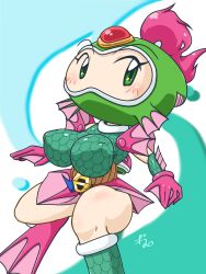 Rule 34 | 1girl, blush, bomberman, bomberman jetters, breasts, covered erect nipples, eyelashes, female focus, green eyes, green leotard, highres, hood, impossible clothes, konami, large breasts, leotard, looking at viewer, mermaid bomber, pink hair, ponytail, shiny skin, skin tight, solo, thick thighs, thighs, wide hips