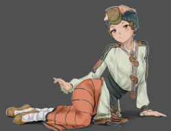 Rule 34 | 1girl, arm support, blue eyes, closed mouth, expressionless, full body, green shirt, grey background, headdress, highres, iskanderednaksi, jewelry, long skirt, long sleeves, looking at viewer, lying, multicolored clothes, on side, orange skirt, original, shadow, shirt, shoes, simple background, skirt, slavic clothes, solo, striped clothes, striped skirt, traditional clothes