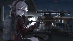 Rule 34 | 1girl, absurdres, ahoge, backpack, bag, black skirt, bolt action, broken window, brown jacket, cheychan, cheytac m200, closed mouth, commentary, ear protection, english commentary, girls&#039; frontline, gloves, grey hair, gun, hair between eyes, highres, holding, holding weapon, jacket, lantern, looking at viewer, m200 (girls&#039; frontline), medium hair, night, pleated skirt, purple eyes, radio tower, rifle, scope, sitting, skirt, sniper rifle, solo, star (sky), two-tone gloves, weapon, wooden box
