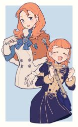 Rule 34 | 2girls, annette fantine dominic, bag, blue background, blue ribbon, blue sleeves, blush, border, buttons, capelet, closed eyes, do m kaeru, dress, dual persona, fire emblem, fire emblem: three houses, fur-trimmed capelet, fur-trimmed sleeves, fur trim, garreg mach monastery uniform, gloves, grey eyes, hair rings, long hair, long sleeves, looking at viewer, multiple girls, neck ribbon, nintendo, open mouth, orange capelet, orange hair, ribbon, school bag, short hair, simple background, smile, time paradox, twitter username, uniform, white border, white dress, white gloves