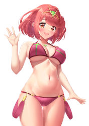 Rule 34 | 1girl, :d, \||/, absurdres, arm up, bikini, breasts, gluteal fold, halterneck, highres, ken-san, large breasts, navel, nintendo, open mouth, pyra (xenoblade), red bikini, red eyes, red hair, short hair, simple background, smile, solo, stomach, string bikini, swimsuit, thigh gap, tiara, underboob, waving, white background, xenoblade chronicles (series), xenoblade chronicles 2