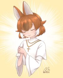Rule 34 | 1girl, :&gt;, angel22754799, animal ears, blush, brown hair, closed eyes, collar, cross, cross necklace, dated, dhole (kemono friends), dog ears, dog girl, extra ears, frilled collar, frills, hair between eyes, high collar, highres, jewelry, kemono friends, kemono friends 3, light brown hair, long sleeves, multicolored hair, necklace, own hands together, praying, shirt, short hair, sidelocks, signature, solo, white hair, white shirt