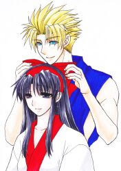 Rule 34 | 1boy, 1girl, adjusting clothes, ainu clothes, blonde hair, breasts, brown eyes, galford d weller, hair ribbon, height difference, highres, japanese clothes, long hair, nakoruru, purple eyes, purple hair, ribbon, samurai spirits, short hair, small breasts, smile, snk, solo