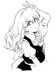 Rule 34 | 1girl, apron, arm at side, arm behind head, arm up, back bow, bow, braid, closed mouth, collared shirt, cropped torso, eyes visible through hair, from side, greyscale, hair behind ear, hair between eyes, hair bow, hair over shoulder, kirisame marisa, long hair, looking at viewer, looking to the side, looking up, monochrome, natsume (menthol), no headwear, puffy short sleeves, puffy sleeves, shirt, short sleeves, side braid, simple background, single braid, smile, solo, tareme, touhou, upper body, v, waist apron, wavy hair, white background, wing collar