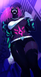 Rule 34 | 1girl, absurdres, akali, akchu, asymmetrical legwear, bangle, bare shoulders, baseball cap, belt, bodypaint, bracelet, breasts, clothes lift, cropped jacket, fingerless gloves, from below, gloves, glowing, hat, highres, huge filesize, idol, inverted colors, jewelry, k/da (league of legends), k/da akali, league of legends, lifting own clothes, long sleeves, looking at viewer, mask, medium breasts, midriff, mouth mask, navel, neon, nipples, off shoulder, one breast out, pants, pink hair, ponytail, solo, spray can, standing, strapless, train, train interior, tube top, tube top lift, ultraviolet light, uneven legwear, yellow eyes