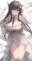Rule 34 | 1girl, absurdly long hair, absurdres, antlers, areola slip, azur lane, bare shoulders, black hair, breasts, brown hair, cleavage, clothes pull, clothing cutout, crotch cutout, crotchless, detached collar, dress, dress pull, elbow gloves, feet out of frame, flower, gloves, green eyes, hair flower, hair on horn, hair ornament, highres, horns, huge breasts, indomitable (azur lane), large breasts, long hair, looking at viewer, mouth hold, navel, navel cutout, pantyhose, shiranui (nisioisin sinob), solo, strapless, strapless dress, thighs, very long hair, white dress, white gloves, white pantyhose