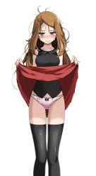 Rule 34 | 1girl, black bow, black shirt, black thighhighs, blue eyes, bow, bow panties, brown hair, clothes lift, collarbone, covered navel, creatures (company), crying, crying with eyes open, feet out of frame, female focus, game freak, highres, lifted by self, long hair, looking away, messy hair, miniskirt, nintendo, panties, pink panties, pokemon, pokemon xy, red skirt, serena (pokemon), shiny clothes, shiny legwear, shirt, simple background, skirt, skirt lift, sleeveless, sleeveless shirt, solo, standing, straight hair, sweatdrop, swept bangs, tears, thigh gap, thighhighs, tsukishiro saika, underwear, very long hair, white background