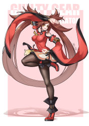 Rule 34 | 1girl, absurdly long hair, absurdres, arm up, black pantyhose, breasts, brown hair, chinese clothes, clothing cutout, covered erect nipples, covered navel, dress, guilty gear, hair rings, high heels, highres, kuradoberi jam, large breasts, long hair, moonface, pantyhose, red dress, red footwear, shadow, shoulder cutout, smile, solo, standing, standing on one leg, tassel, thigh strap, two-tone background, very long hair, wide sleeves, yellow eyes
