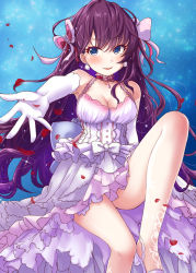 Rule 34 | 1girl, blue eyes, blush, bow, breasts, chiyosuke (nosuke21), choker, cleavage, corset, dress, earrings, elbow gloves, flower, gloves, hair bow, highres, ichinose shiki, idolmaster, idolmaster cinderella girls, idolmaster cinderella girls starlight stage, jewelry, layered dress, legs, long hair, outstretched arm, parted lips, petals, purple hair, red choker, shoes, smile, solo, very long hair, white bow, white footwear