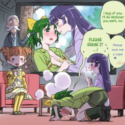 Rule 34 | 1boy, 3girls, = =, aoki reika, blue eyes, blue hair, blush, grabbing another&#039;s breast, breasts, brown hair, butler, couple, dokidoki! precure, double bun, dress, drooling, grabbing, green hair, hair tubes, own hands clasped, hard-translated, humiliation, isedaichi ken, long hair, md5 mismatch, midorikawa nao, monocle, multiple girls, open mouth, prostration, own hands together, ponytail, precure, recording, sebastian (dokidoki! precure), short hair, smile, smile precure!, third-party edit, translated, twintails, yotsuba alice, yuri
