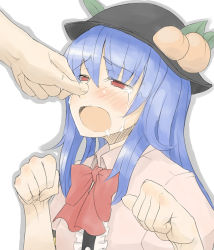Rule 34 | 1girl, blue eyes, blue hair, blush, crying, crying with eyes open, female focus, food, fruit, hat, hinanawi tenshi, long hair, matching hair/eyes, peach, red eyes, solo, tears, touhou