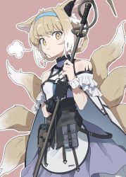 Rule 34 | 1girl, :t, absurdres, animal ear fluff, animal ears, apron, arknights, bare shoulders, black gloves, blouse, blue hairband, blush, braid, braided hair rings, breasts, brown background, brown eyes, brown hair, closed mouth, drawdrawdeimos, fox ears, fox girl, fox tail, gloves, gradient hair, hair rings, hairband, highres, holding, infection monitor (arknights), kitsune, looking at viewer, material growth, multicolored hair, oripathy lesion (arknights), outline, pout, purple skirt, shirt, simple background, single glove, skirt, small breasts, solo, suzuran (arknights), tail, twin braids, waist apron, white apron, white hair, white outline, white shirt