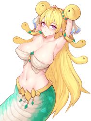Rule 34 | 1girl, 3gs, areola slip, armpits, arms up, breasts, collarbone, dot mouth, elsword, gold, hair ornament, highres, jewelry, lamia, large breasts, light blush, long hair, medusa (elsword), mole, mole on breast, monster girl, navel, nipple slip, nipples, purple eyes, simple background, snake, snake hair, solo, sweatdrop, white background
