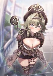 Rule 34 | 1girl, absurdres, arm belt, belt, black headwear, black shorts, boots, breasts, breath, bright pupils, brown gloves, cleavage, commentary request, gears, gloves, green hair, grey eyes, hairband, hand up, hat, highres, honkai (series), honkai impact 3rd, juliet sleeves, korean commentary, large breasts, long sleeves, micro shorts, midriff peek, multicolored hair, multiple belts, nomalman, open mouth, puffy sleeves, shirt, shorts, shrug (clothing), solo, split-color hair, standing, strapless, strapless shirt, sweat, thigh boots, thighs, two-tone hair, vill-v, waist cape, wavy mouth, white shirt