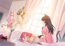 Rule 34 | 4girls, :d, animal ear fluff, animal ears, arknights, arms behind back, bed, black hair, blanket, blonde hair, brown hair, cat ears, cat tail, character doll, chinese commentary, closed eyes, collarbone, commentary, curtains, cushion, gogatsu fukuin, goldenglow (arknights), grey hair, haze (arknights), indoors, jacket, lofter username, long hair, long sleeves, medium hair, mousse (arknights), multiple girls, nightgown, open clothes, open jacket, open mouth, parted lips, pink hair, pink jacket, pink nightgown, profile, puffy short sleeves, puffy sleeves, quercus (arknights), red nightgown, red shorts, robe, shirt, short sleeves, shorts, skyfire (arknights), sleeping, smile, tail, twitter username, weibo username, white shirt, window, yellow eyes, yellow robe