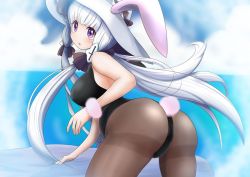 Rule 34 | 1girl, animal hood, artist request, ass, bare shoulders, breasts, from behind, hood, large breasts, leaning, leaning forward, long hair, looking at viewer, looking back, low twintails, pantyhose, purple eyes, shiny clothes, shiny skin, sideboob, solo, tail, twintails, very long hair, white hair