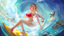 Rule 34 | 1girl, absurdres, ankle ribbon, ass, bikini, blue eyes, bracelet, breasts, cglas, diving mask, fish, flying fish, freckles, goggles, hair ornament, highres, indie virtual youtuber, jet ski, jewelry, leg ribbon, long hair, midriff, necklace, ocean, open mouth, original, palm tree, panda, panda hair ornament, red bikini, red hair, ribbon, samantha (admiral bahroo), sarong, smile, surfboard, surfing, swimsuit, thighs, tree, turtle, umeru (admiral bahroo), virtual youtuber, water, waves