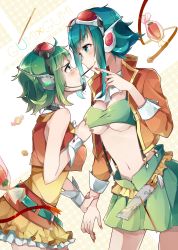 Rule 34 | 2girls, aqua hair, belt, blush, breasts, character name, dual persona, female focus, food, goggles, goggles on head, green eyes, green hair, gumi, headphones, headset, highres, large breasts, gumi (v3 megpoid), multiple girls, nail polish, navel, nou (nounknown), pocky, pocky kiss, shared food, skirt, suspenders, vocaloid, wrist cuffs, yuri