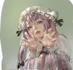 Rule 34 | 1girl, dress, eyelashes, fingernails, green background, hands up, hat, head tilt, long dress, looking at viewer, parted lips, patchouli knowledge, mob cap, purple hair, red lips, sketch, solo, squatting, toma (me666nm), touhou