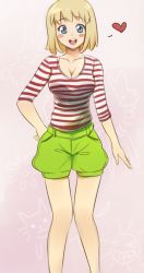 Rule 34 | 00s, 1girl, blonde hair, blue eyes, blush stickers, breasts, cleavage, drawfag, hand in pocket, hand on own hip, heart, patricia thompson, shirt, shorts, solo, soul eater, spoken heart, striped clothes, striped shirt, two-tone stripes
