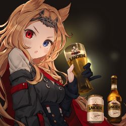 Rule 34 | 1girl, :o, alcohol, animal ears, archetto (arknights), arknights, beer, beer bottle, beer can, black gloves, black skirt, blonde hair, blue eyes, blush, breasts, can, cape, cup, dark background, drink can, gloves, heterochromia, high-waist skirt, highres, holding, holding cup, long hair, long sleeves, looking at viewer, medium breasts, open mouth, partially fingerless gloves, red cape, red eyes, skirt, solo, su-85 (su 85), tiara, upper body, v-shaped eyebrows, very long hair