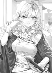 Rule 34 | 1girl, absurdres, braid, breasts, cape, collared shirt, commentary request, drill hair, greyscale, hand up, heart, highres, kiryuin sumire, large breasts, long hair, looking at viewer, momoko (momopoco), monochrome, novel illustration, official art, second-party source, shirt, smile, solo, sword, tokidoki bosotto roshia-go de dereru tonari no arya-san, twin drills, upper body, weapon