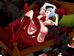 Rule 34 | 1girl, bad id, bad pixiv id, bat wings, blood, blue hair, boots, cross-laced footwear, female focus, flower, lace-up boots, pochiharu, pochiharu (artist), red eyes, remilia scarlet, rose, short hair, solo, touhou, wings