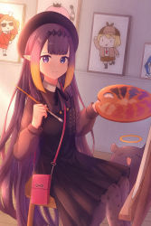 Rule 34 | 1girl, art brush, beret, black dress, black ribbon, blunt bangs, blush, canvas (object), character print, closed eyes, closed mouth, commentary, dress, fang, gawr gura, gradient hair, halo, hat, headpiece, highres, holding, hololive, hololive english, indoors, long hair, long sleeves, looking at viewer, maxdeng, mori calliope, multicolored hair, neck ribbon, ninomae ina&#039;nis, ninomae ina&#039;nis (casual), open mouth, orange hair, paintbrush, palette (object), pinafore dress, pleated dress, pointy ears, purple eyes, purple hair, ribbon, sidelocks, sitting, sleeveless, sleeveless dress, smile, solo, sweater, symbol-only commentary, tagme, takanashi kiara, takodachi (ninomae ina&#039;nis), tentacle hair, very long hair, virtual youtuber, watson amelia