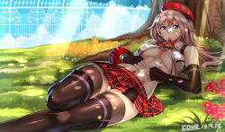 Rule 34 | 10s, 1girl, alisa ilinichina amiella, bad id, bare shoulders, blue eyes, blush, boots, breasts, checkered clothes, checkered skirt, cov-r, dappled sunlight, dated, elbow gloves, fence, fingerless gloves, gloves, god eater, god eater 2: rage burst, hat, large breasts, long hair, looking at viewer, lying, miniskirt, mouth hold, nature, navel, on back, outdoors, panties, pantyshot, plaid, plaid skirt, skirt, solo, sunlight, thigh boots, thighhighs, tree, underboob, underwear, upskirt, zettai ryouiki