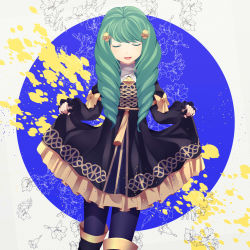 Rule 34 | 1girl, boots, bow, crml orng, dress, drill hair, closed eyes, fire emblem, fire emblem: three houses, flayn (fire emblem), flower, green hair, grey background, hair ornament, hairclip, highres, long hair, nintendo, open mouth, pantyhose, solo, thighhighs