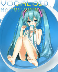 Rule 34 | 1girl, aqua eyes, aqua hair, bad id, bad pixiv id, bare legs, bare shoulders, barefoot, breasts, chair, cleavage, cup, feet, female focus, full body, hatsune miku, heirou, legs up, long hair, looking at viewer, mug, sitting, skirt, small breasts, soles, solo, toes, very long hair, vocaloid
