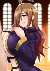 Rule 34 | 1boy, 1girl, ahoge, blurry, blurry background, blush, breasts, breasts squeezed together, brown eyes, brown hair, cleavage, clothed female nude male, clothed sex, commentary request, eyelashes, gold trim, hair over one eye, hands on own breasts, hetero, highres, huge breasts, kono subarashii sekai ni shukufuku wo!, lips, long sleeves, looking at another, navel, nude, open clothes, out of frame, paizuri, paizuri under clothes, parted lips, perpendicular paizuri, purple robe, robe, shiny clothes, sidelocks, smile, sweat, sweatdrop, touhi, upper body, wiz (konosuba)