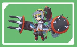 Rule 34 | 1girl, chibi, claw (weapon), full body, green background, green eyes, huge weapon, looking at viewer, machinery, mecha musume, mof, original, simple background, solo, standing, weapon