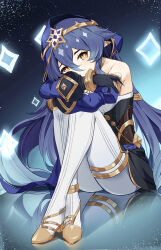 Rule 34 | 1girl, absurdres, bare shoulders, blue background, blue hair, commentary request, czk, detached sleeves, dress, genshin impact, hair between eyes, head tilt, high heels, highres, juliet sleeves, knees up, layla (genshin impact), long hair, long sleeves, pantyhose, pointy ears, puffy sleeves, reflection, sitting, solo, thighlet, very long hair, white pantyhose, yellow eyes