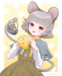 Rule 34 | 1girl, artist name, blue nori2, brown dress, capelet, cheese, dress, food, grey capelet, grey hair, highres, looking at viewer, mouse, mouse girl, mouse tail, nazrin, open mouth, polka dot, polka dot background, red eyes, short hair, solo, swiss cheese, tail, touhou, yellow background