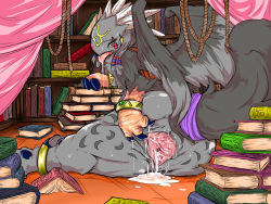 Rule 34 | 1girl, aftersex, blush, book, bracelet, claws, cum, cumdrip, digimon, furry, furry female, green eyes, griffin, highres, jewelry, looking back, pussy, pussy juice, saliva, solo, spread pussy, sweat, tongue, wings
