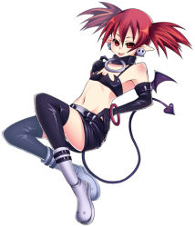 Rule 34 | 1girl, belt, black thighhighs, boots, bracelet, choker, demon girl, der junge, disgaea, elbow gloves, etna (disgaea), flat chest, gloves, jewelry, midriff, miniskirt, navel, panties, pantyshot, pencil skirt, pointy ears, red eyes, red hair, short hair, simple background, skirt, smile, solo, tail, thighhighs, twintails, underwear, white panties, wings, zettai ryouiki