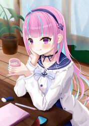 Rule 34 | 1girl, absurdres, ahoge, anchor symbol, blue hair, blue hairband, blue nails, bow, choker, colored inner hair, cup, eraser, hairband, hatsukiillmu, highres, holding, holding cup, hololive, hot chocolate, jacket, looking at viewer, minato aqua, minato aqua (sailor), multicolored hair, nail polish, official alternate costume, pencil, pink hair, purple eyes, sailor collar, school uniform, shirt, smile, solo, tongue, tongue out, two-tone hair, virtual youtuber, white jacket, white sailor collar, white shirt